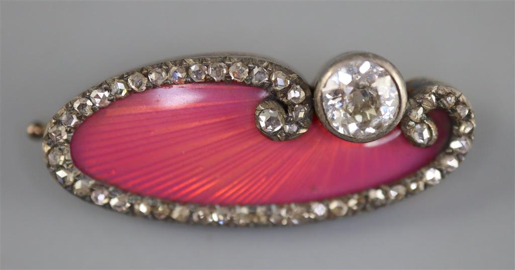 A late 19th/early 20th century Russian 56 zolotnik gold pink guilloche enamel and diamond set oval brooch,